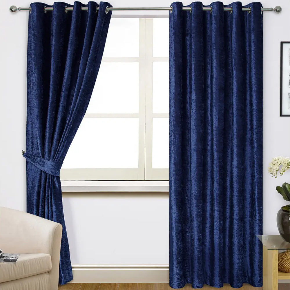 Plain Dyed Velvet Eyelet Curtains -( navy blue  )